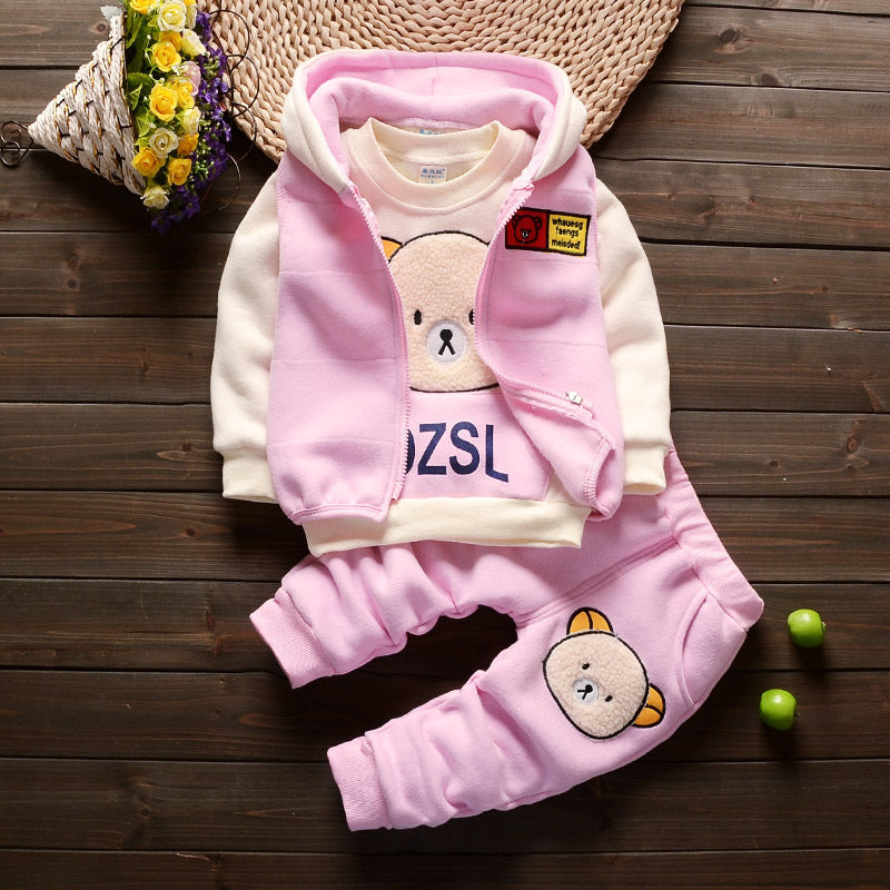 Color: Pink bear, Appropriate Height: 90cm - Plus Velvet Warm Three-Piece