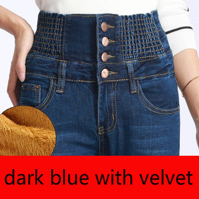 Color: Dark blue with velvet, Size: 33 - Women's fleece high waist jeans