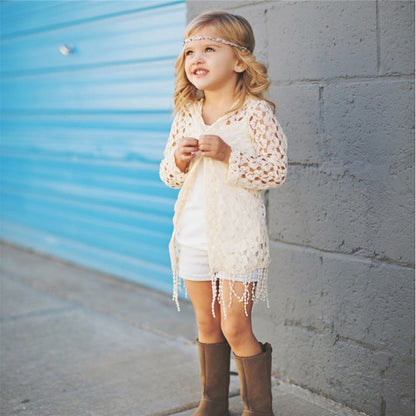 Color: White, Size: 3child - Hooded solid color cardigan tassel two-piece