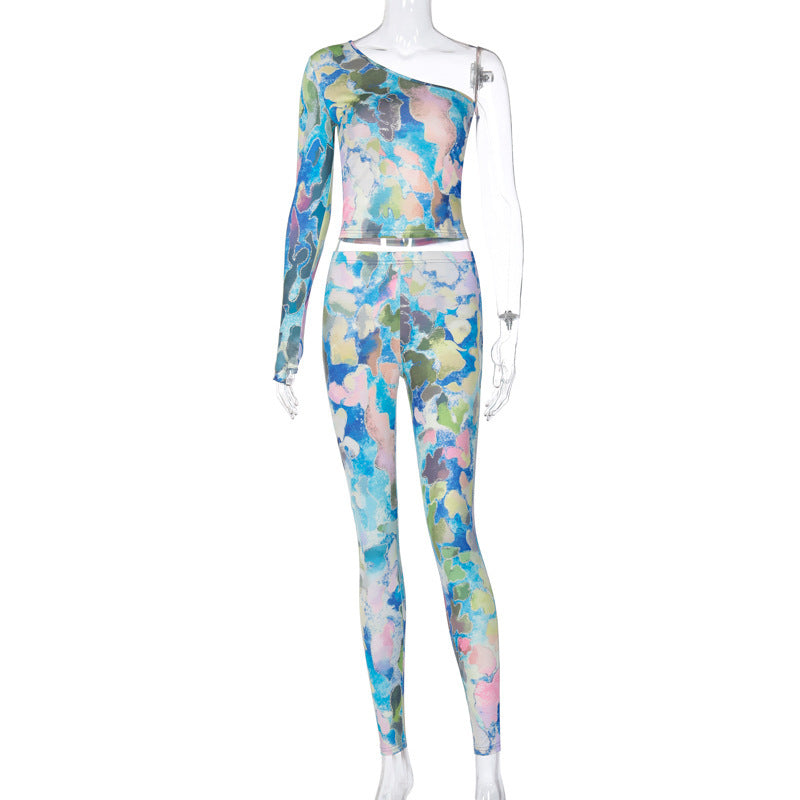 Color: Green, Size: L - Amazon Tie-Dye One-Shoulder Yoga Workout Fashion Tights