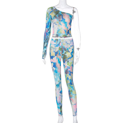 Color: Green, Size: L - Amazon Tie-Dye One-Shoulder Yoga Workout Fashion Tights
