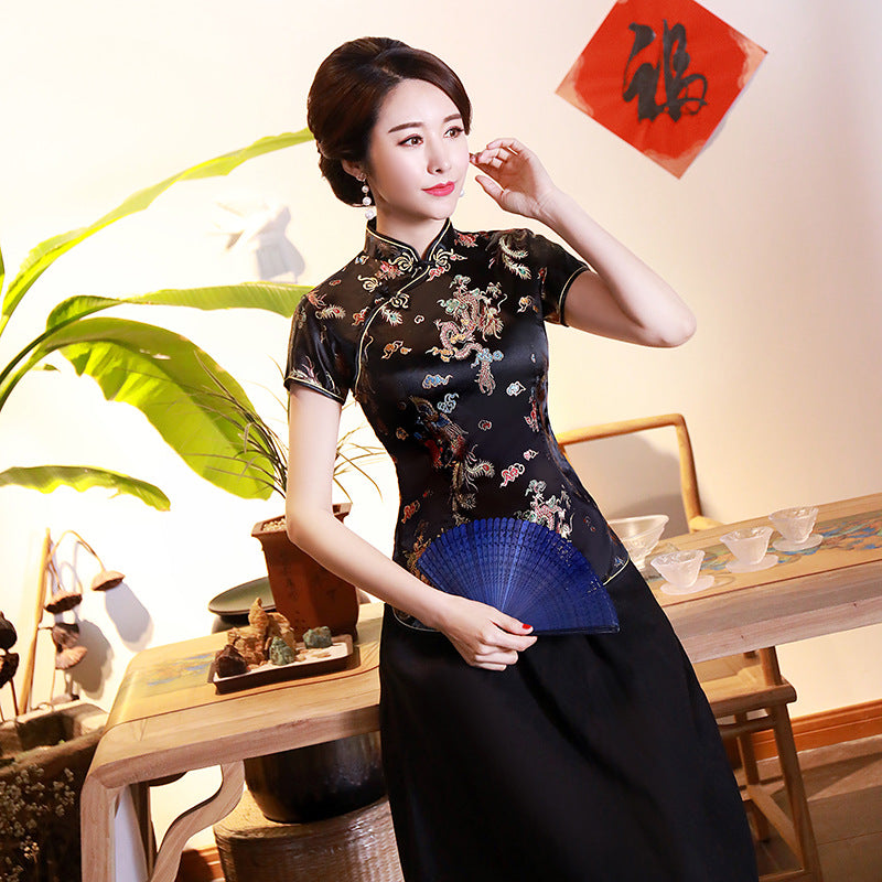 Color: Black dragon phoenix, Size: XXL - Improved Cheongsam Top Brocade Slim Retro Women