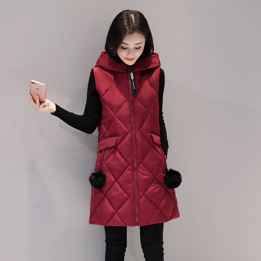 Color: Wine red, Size: L - Women's down cotton vest mid-length thick casual down cotton vest sleeveless stand collar