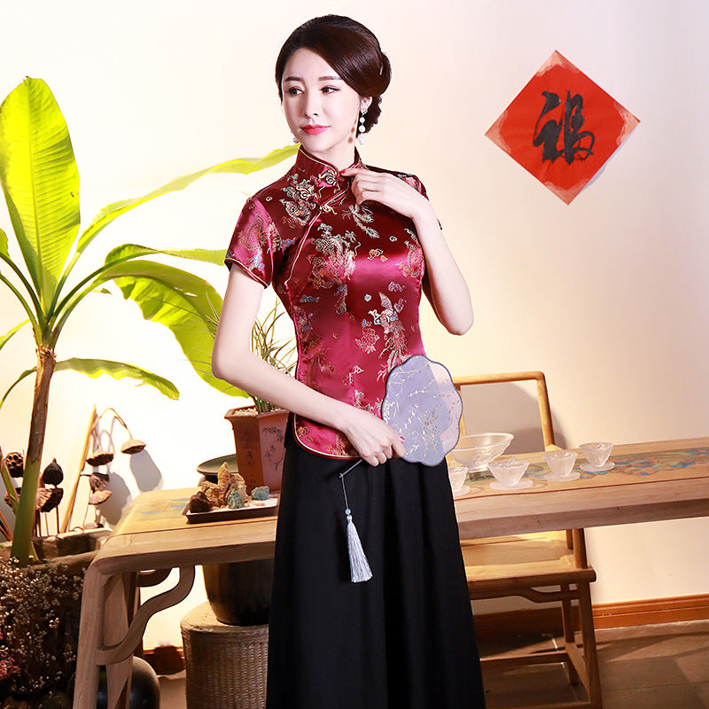 Color: Wine red dragon phoenix, Size: S - Improved Cheongsam Top Brocade Slim Retro Women