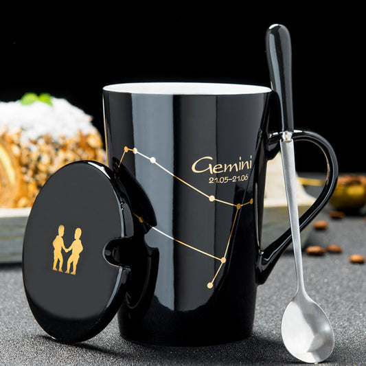 Color: Black, Style: Gemini - Personalized cup ceramic mug with lid spoon