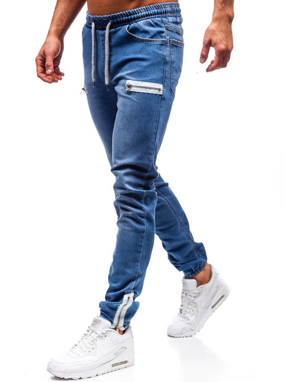 Color: Dark blue, Size: XL - European and American men's denim fabric sports jeans