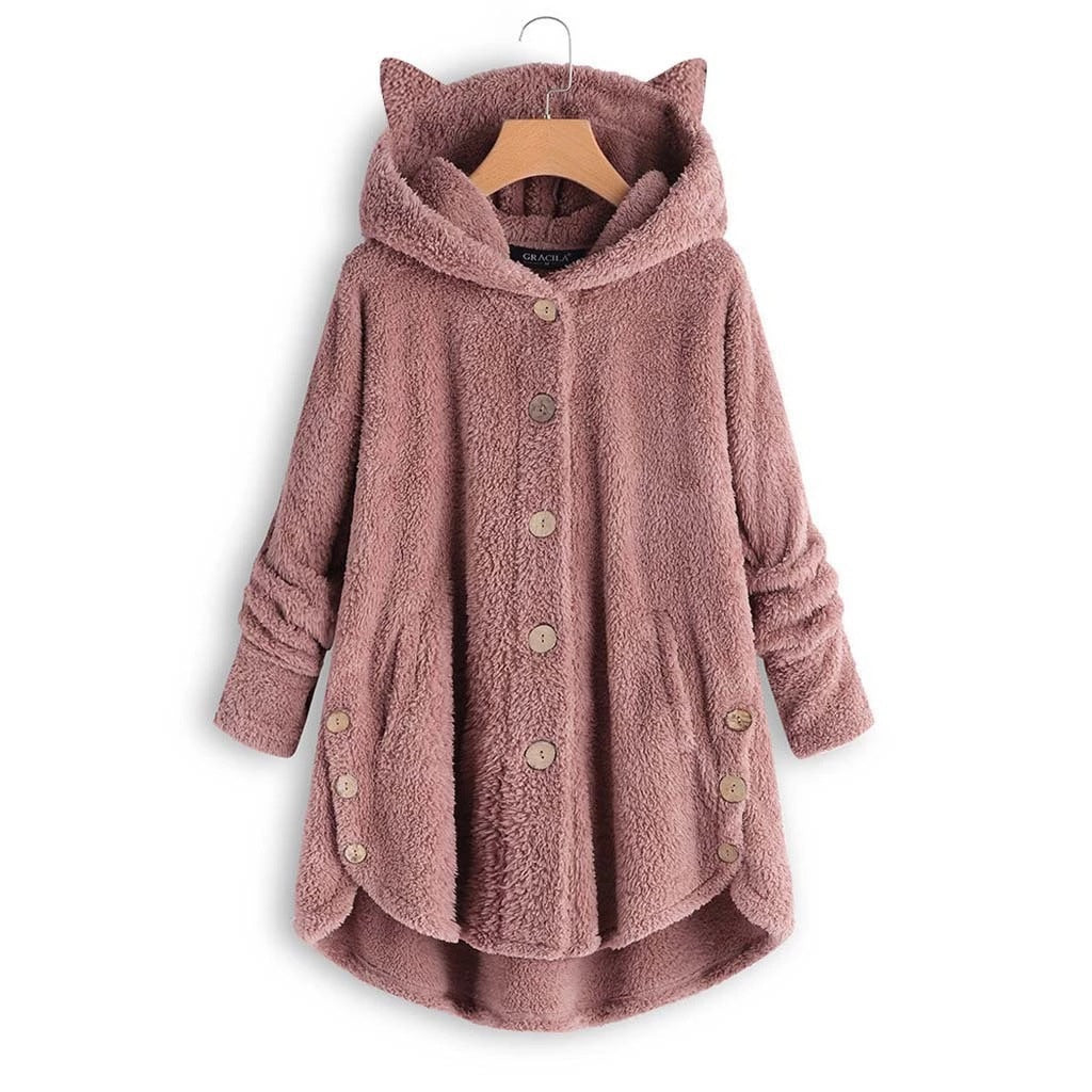 Color: Pink, size: S-1pc, quantity:  - European and American button hooded cat ears plush top