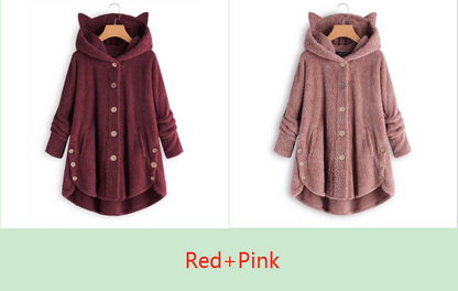 Color: Red+Pink, size: 5XL-2pc, quantity:  - European and American button hooded cat ears plush top