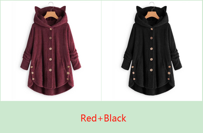 Color: Red+Black, size: XL-2pc, quantity:  - European and American button hooded cat ears plush top