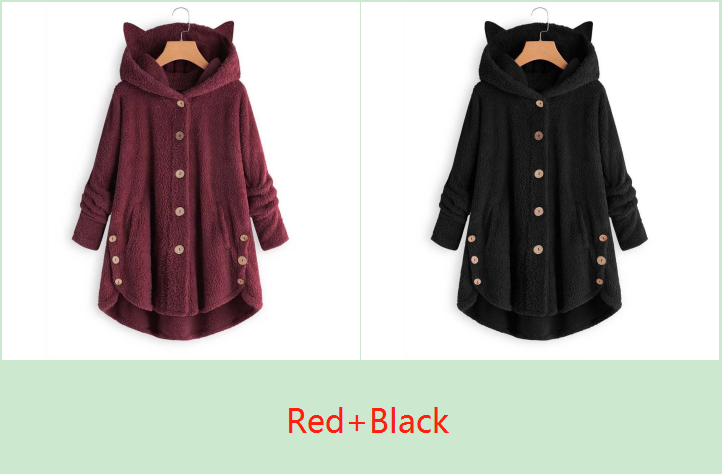 Color: Red+Black, size: XL-2pc, quantity:  - European and American button hooded cat ears plush top