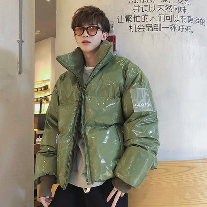 Color: Pale pinkish grey, Size: L - Large shiny leather parka men