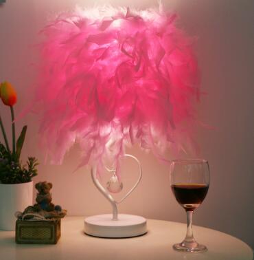 Color: Pink, style: Switch button - LED Feather Heart Wing Crystal Bedside Table Lamp