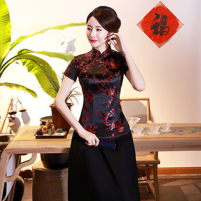 Color: Black red plum, Size: 3XL - Improved Cheongsam Top Brocade Slim Retro Women