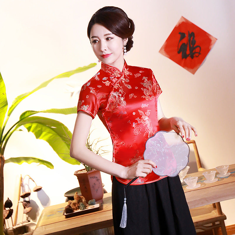 Color: Chinese Red, Size: 3XL - Improved Cheongsam Top Brocade Slim Retro Women