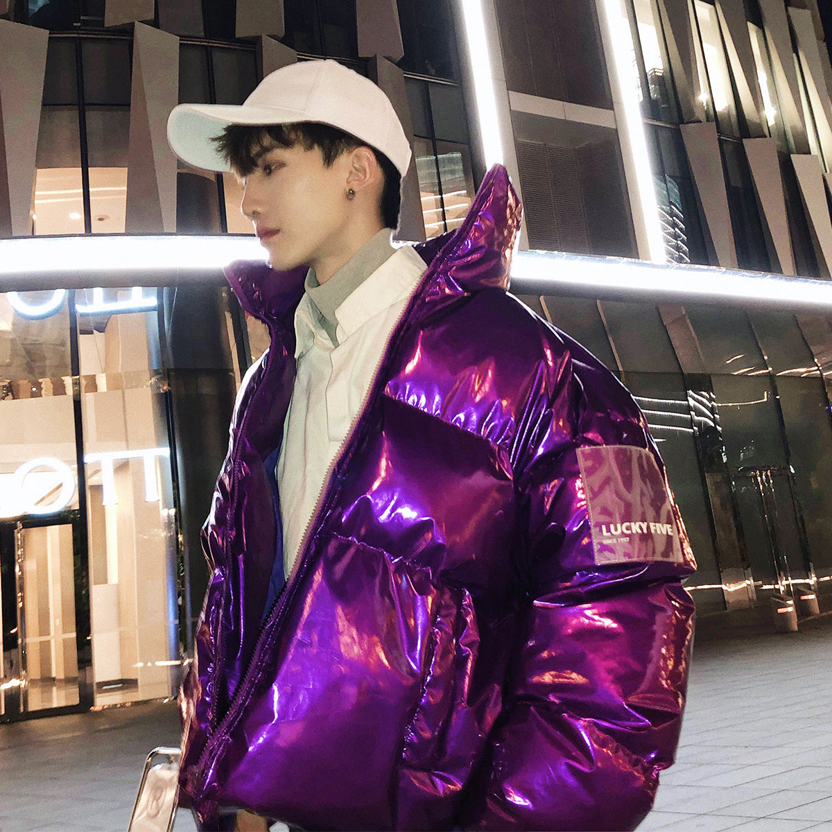 Color: Purple, Size: L - Large shiny leather parka men