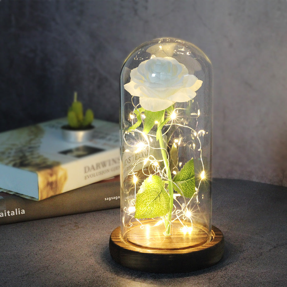 style: White wood - Enchanted Forever Rose Flower in Glass LED Light Christmas Decoration