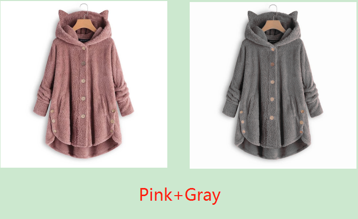 Color: Pink+Gray, size: XXXL-2pc, quantity:  - European and American button hooded cat ears plush top