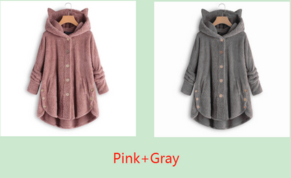 Color: Pink+Gray, size: XXXL-2pc, quantity:  - European and American button hooded cat ears plush top