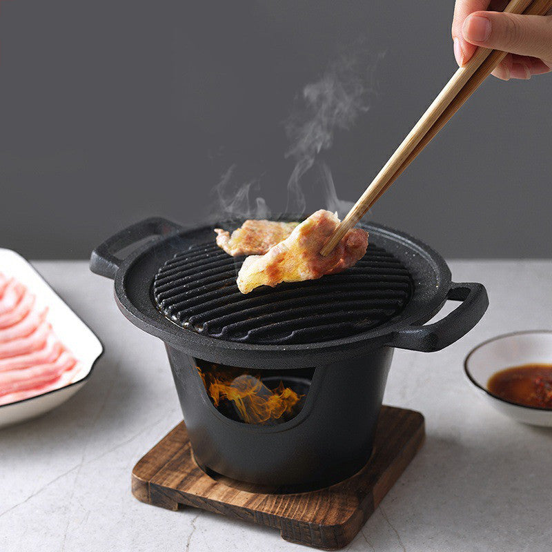 Color: Black21cm - Mini BBQ Grill Alcohol Stove Home Smokeless Barbecue Grill Outdoor BBQ Plate Roasting Meat Tools