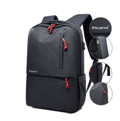 Color: 1601 aAll black, Size: 2pcs - Cross border Picano custom computer bag backpack leisure student package men and women multi-functional USB charging knapsack