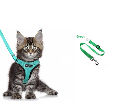 Color: Green with leash, Size: S - Breathable chest strap pet supplies