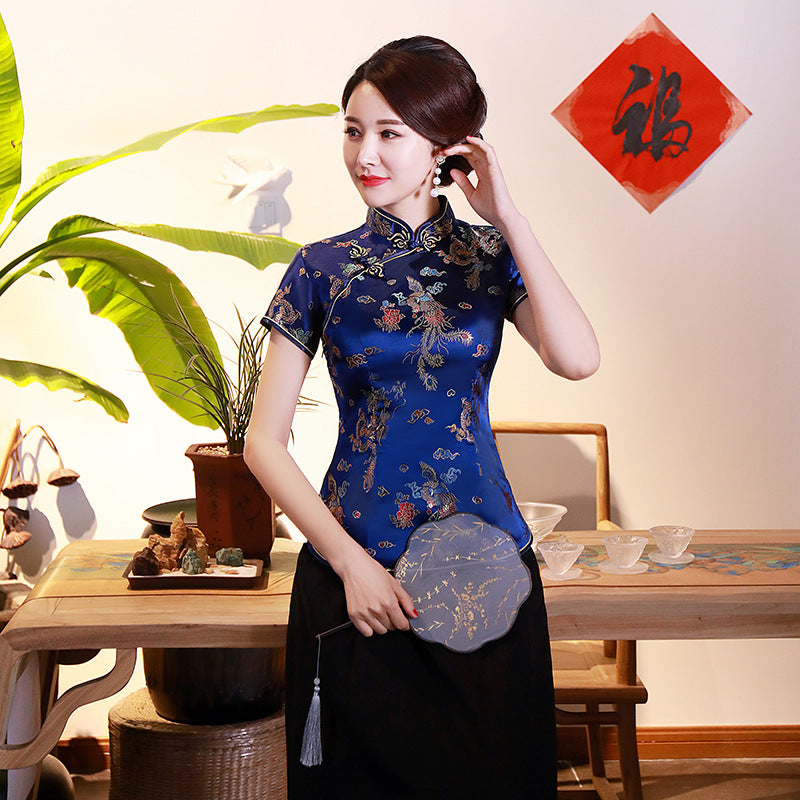 Color: Shangqinglongfeng, Size: 3XL - Improved Cheongsam Top Brocade Slim Retro Women