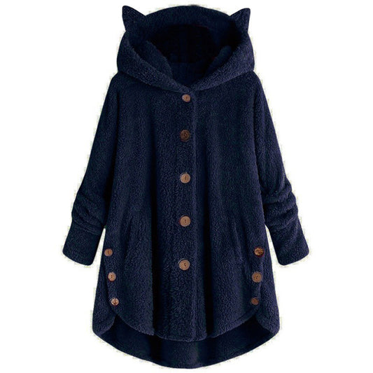 Color: Navy, size: XXL-1pc, quantity:  - European and American button hooded cat ears plush top