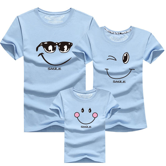 Color: Light Blue, Size: MomXL - Round Neck Half Sleeve Family Outfit For A Family Of Three