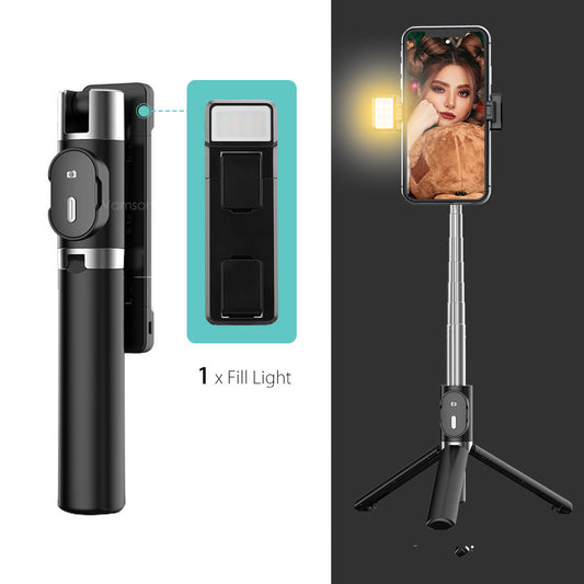 Color: Black, style: Single fill light - Compatible with Apple, Bluetooth Fill Light Selfie Stick Mobile Phone Integrated Tripod Selfie Stick