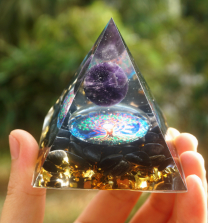 style: H - Orgonite Pyramid 60mm Amethyst Crystal Sphere With Obsidian Natural Cristal Stone