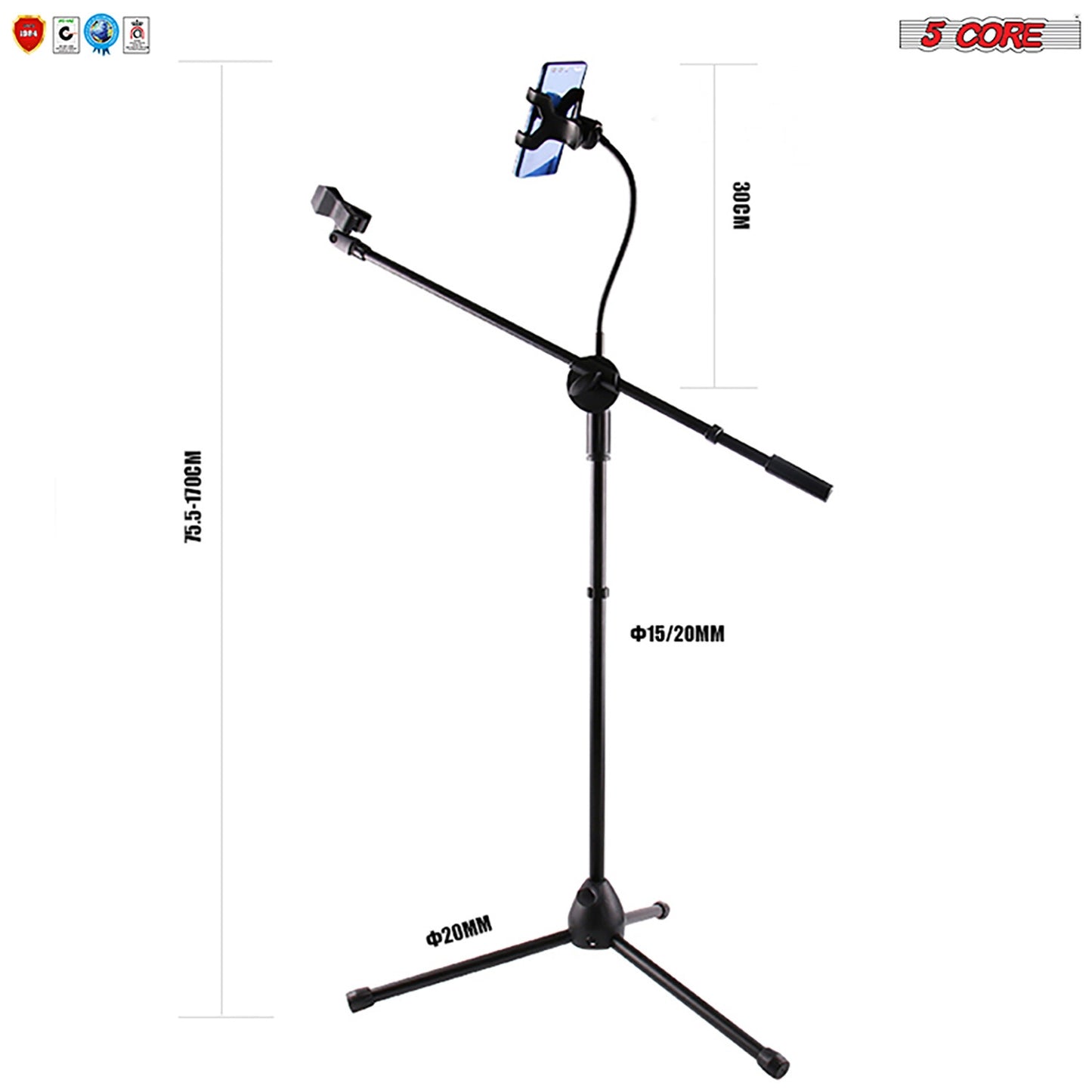 5 Core Microphone Stand + Phone Holder Floor Boom Mic Stand Gooseneck + Tablet Holder Collapsible Adjustable Tripod Mic Stand w Two Mic Clips + Carry Bag for Singing Karaoke Studio Parties -MS MOB