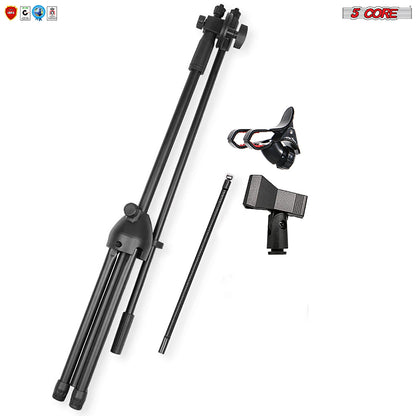 5 Core Microphone Stand + Phone Holder Floor Boom Mic Stand Gooseneck + Tablet Holder Collapsible Adjustable Tripod Mic Stand w Two Mic Clips + Carry Bag for Singing Karaoke Studio Parties -MS MOB