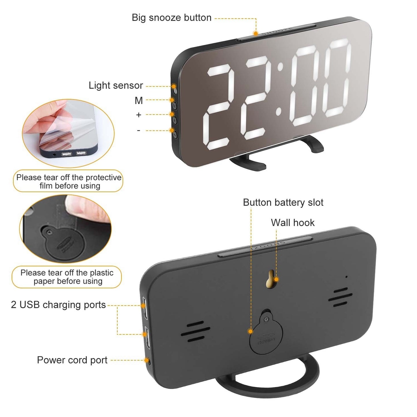 Mirror LED Alarm Clock Electronic Snooze Night Light Alarm Clock