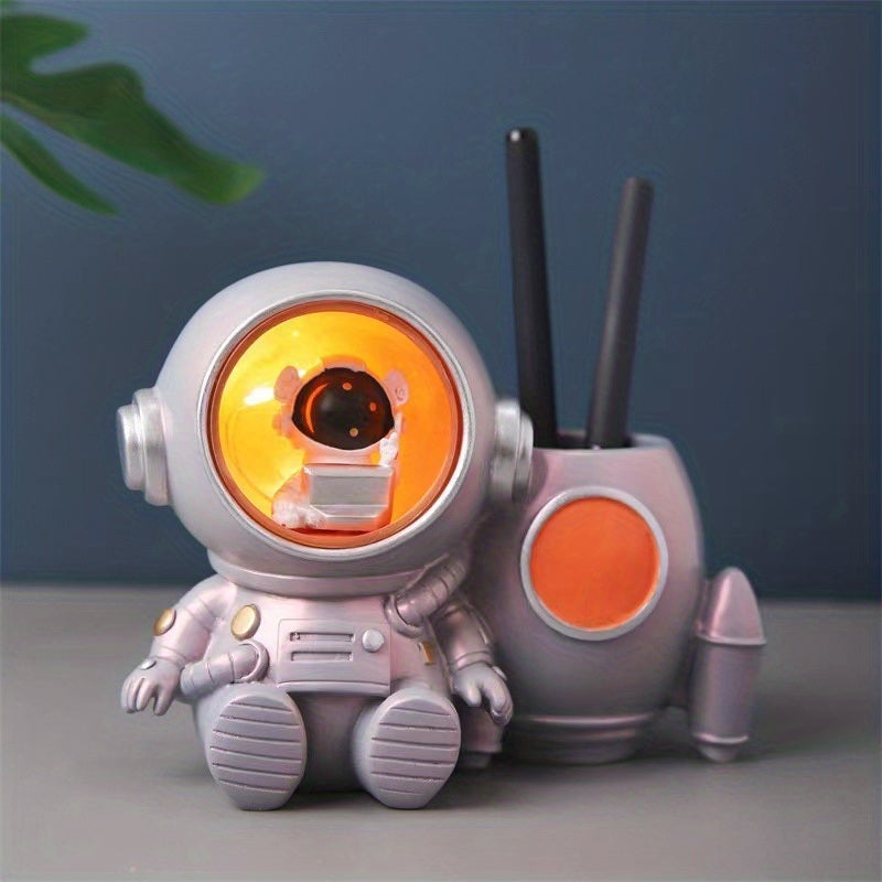 Astronaut Sculpture Pen Holder Pencil Holder Pen Organizer Cosmetic Brush Holder Decorative Pen Box Pen Pot Makeup Brush Pot With Light. (White/Orange)