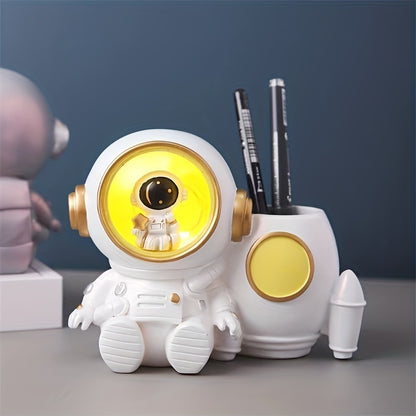 Astronaut Sculpture Pen Holder Pencil Holder Pen Organizer Cosmetic Brush Holder Decorative Pen Box Pen Pot Makeup Brush Pot With Light. (White/Orange)