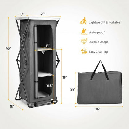 Folding Camping Storage Cabinet with 3 Shelves and Carry Bag-XL - Color: Gray - Size: XL