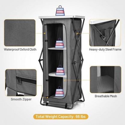 Folding Camping Storage Cabinet with 3 Shelves and Carry Bag-XL - Color: Gray - Size: XL