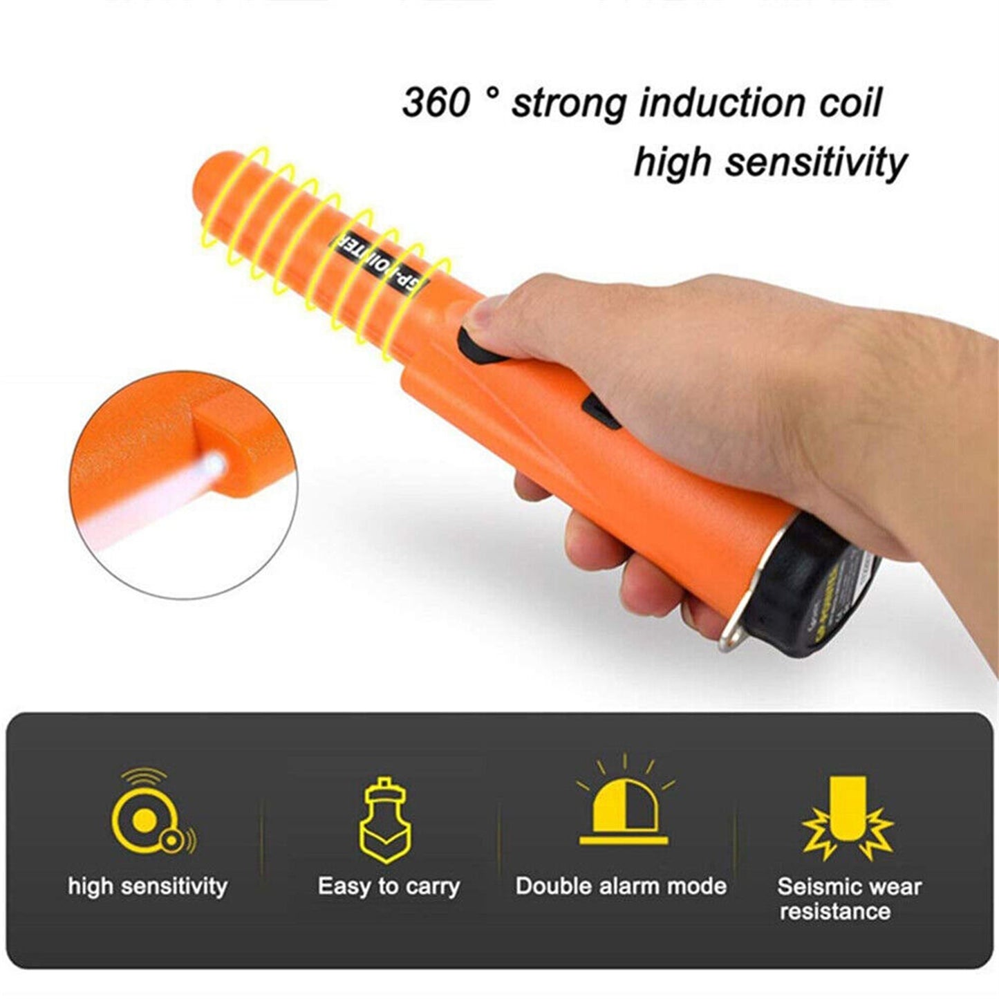 Portable Metal Detector Waterproof Dustproof High Sensitive 360 Degree Pointer Probe with Protective Sleeve Orange