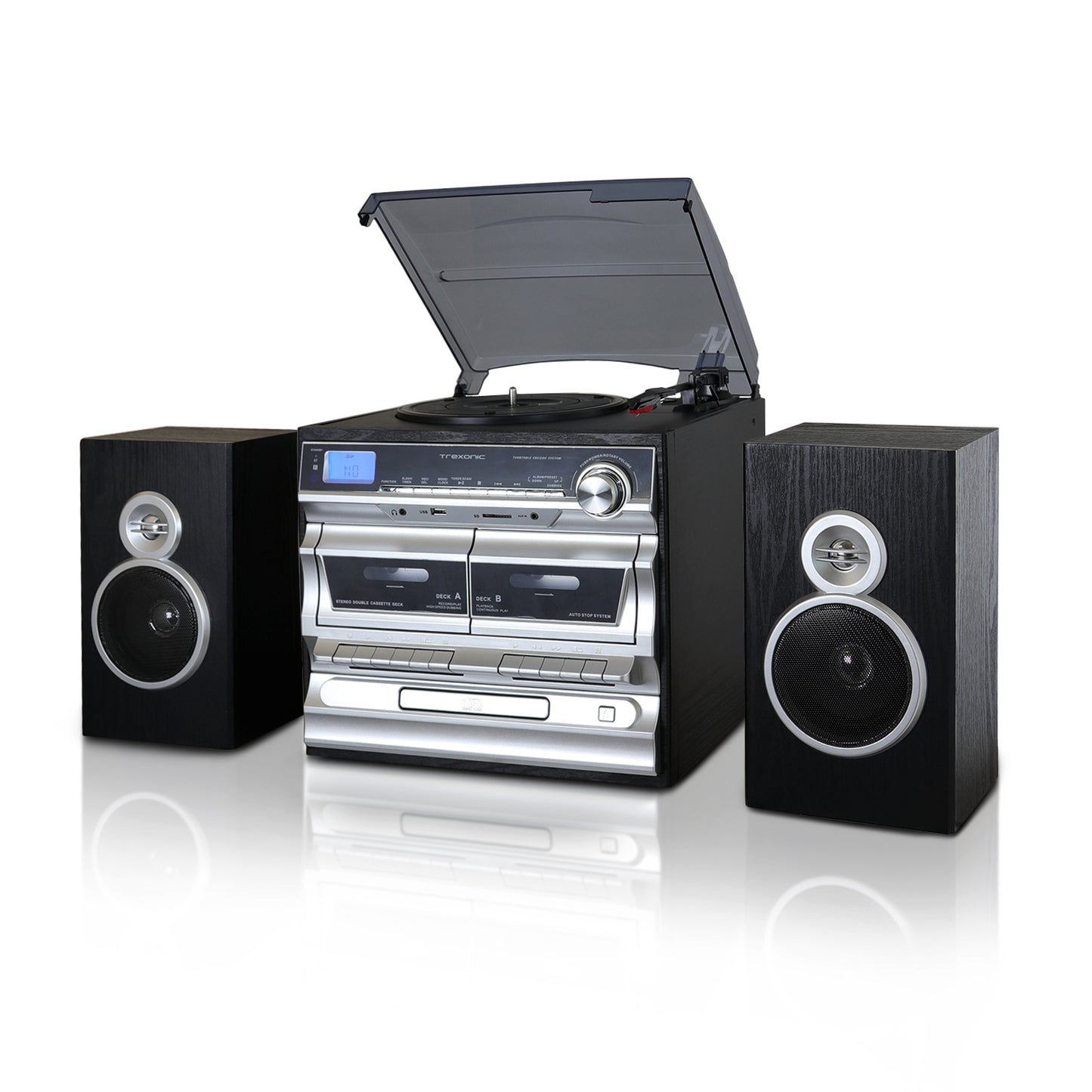 Trexonic 3-Speed Vinyl Turntable  Home Stereo System with CD Player, Double Cassette Player, Bluetooth, FM Radio & USB/SD Recording