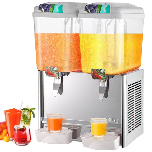 VEVOR 110V Commercial Beverage Dispenser,9.5 Gallon 36L 2 Tanks Juice Dispenser Commercial,18 Liter Per Tank 300W Stainless Steel Food Grade Material Ice Tea Drink Dispenser Equipped with Thermostat Controller