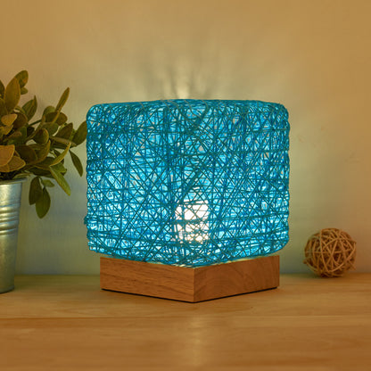 Color: Blue, style: Dimming base - Hand-Knit Dimmable Square LED Desk Lights Wood Rattan Twine USB Charging Table Lamp Girls Bedroom Gift Home Decor Night Lighting