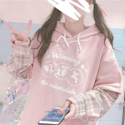 Color: Pink plus velvet, Size: M - Two Japanese Hooded Color Sensitive Women's Loose Fittings