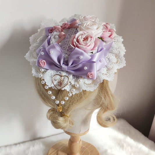 Japanese Lolita Sweet Lace Top Hat Pearl Beaded Bowknot