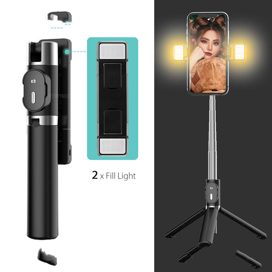 Color: Black, style: Double fill light - Compatible with Apple, Bluetooth Fill Light Selfie Stick Mobile Phone Integrated Tripod Selfie Stick